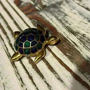 Turtle Brooch with Green and Blue Enamel Shell
